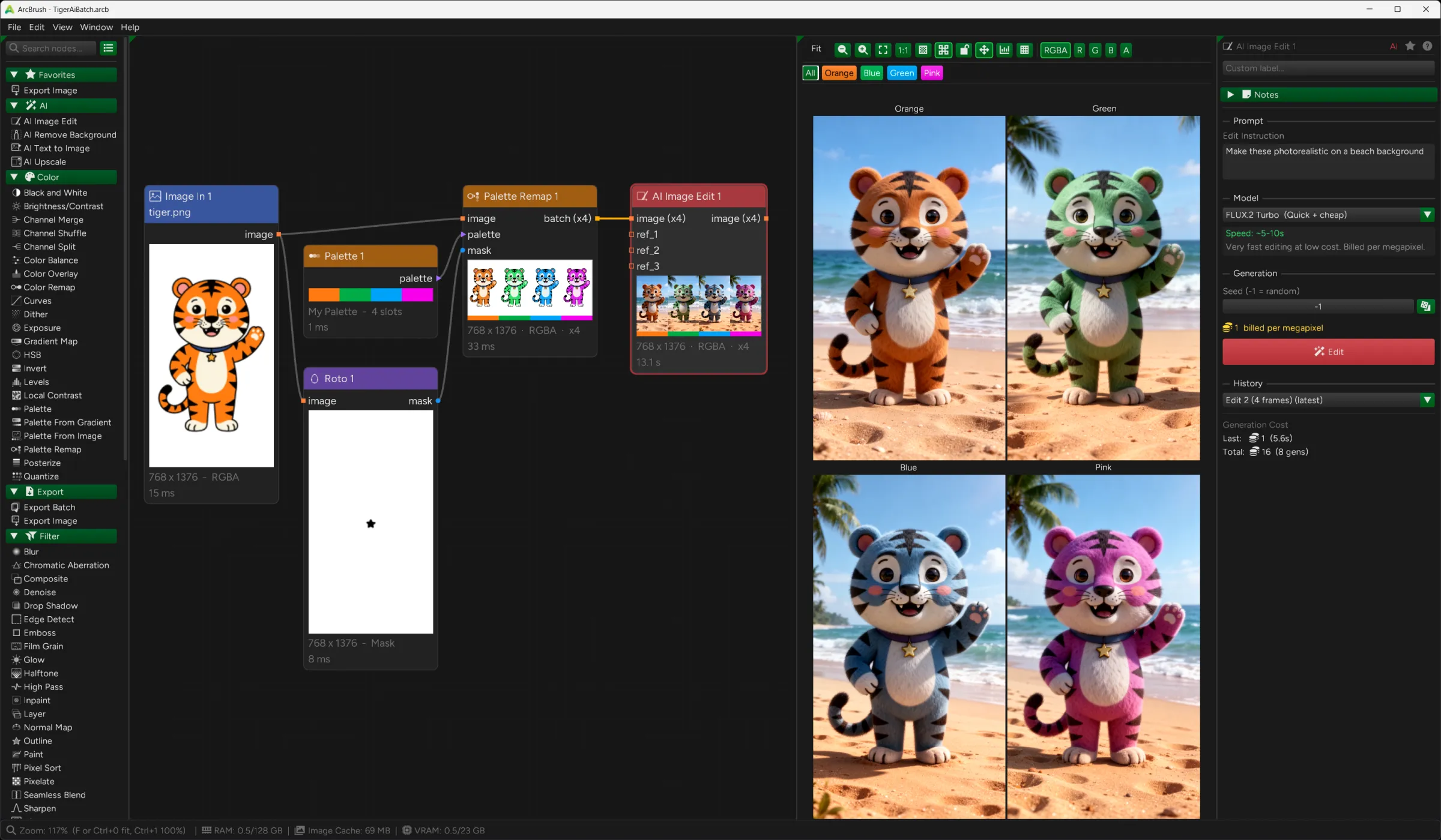 An ArcBrush AI workflow: an Image node of a cartoon tiger feeds an AI Image Edit node with a palette and mask, generating four color variants on a tropical beach background