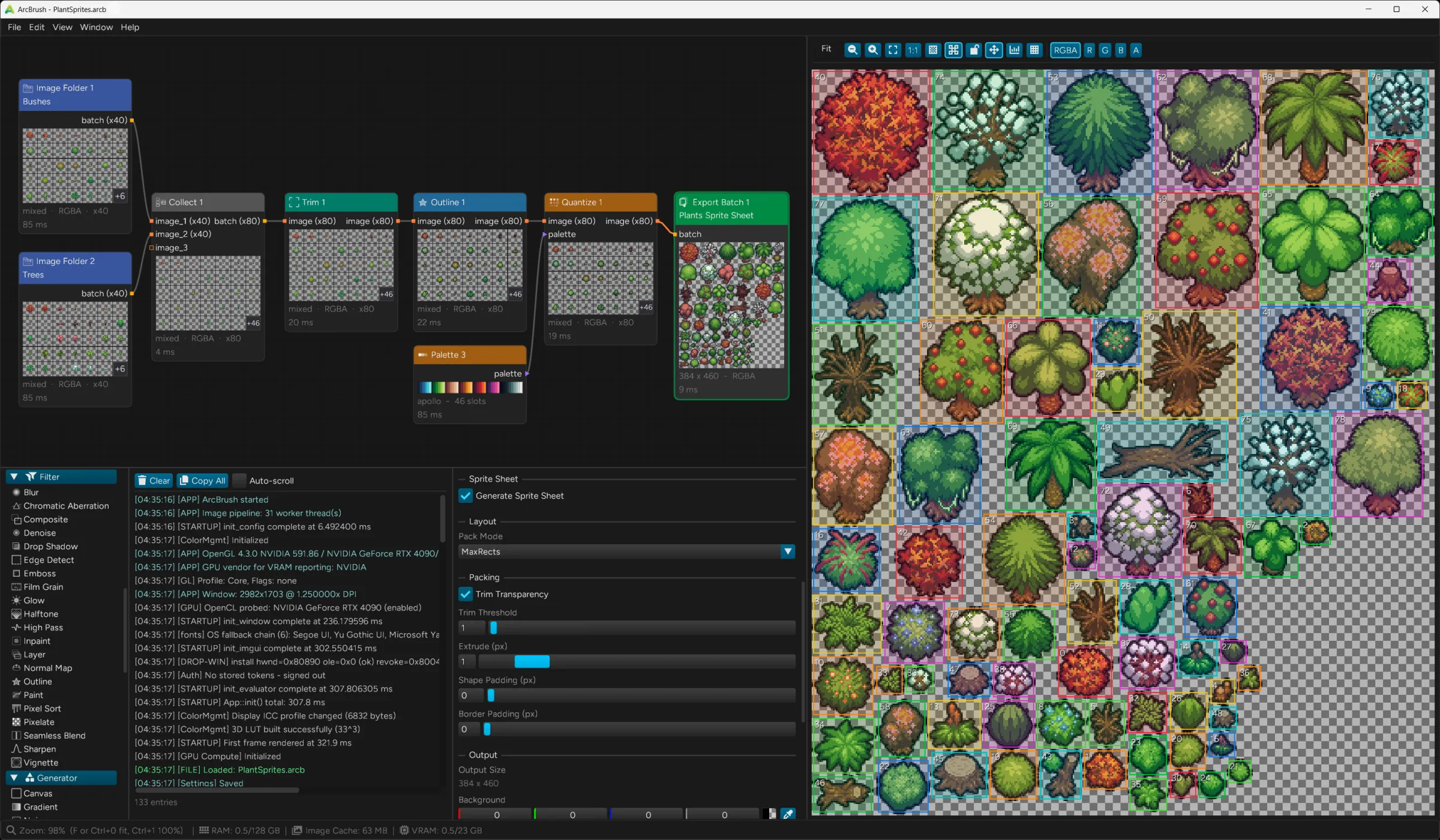ArcBrush batch-processing a folder of pixel-art plant sprites through Trim, Outline, and Quantize into Export Batch, producing a transparent sprite sheet of stylized trees, bushes, and cacti