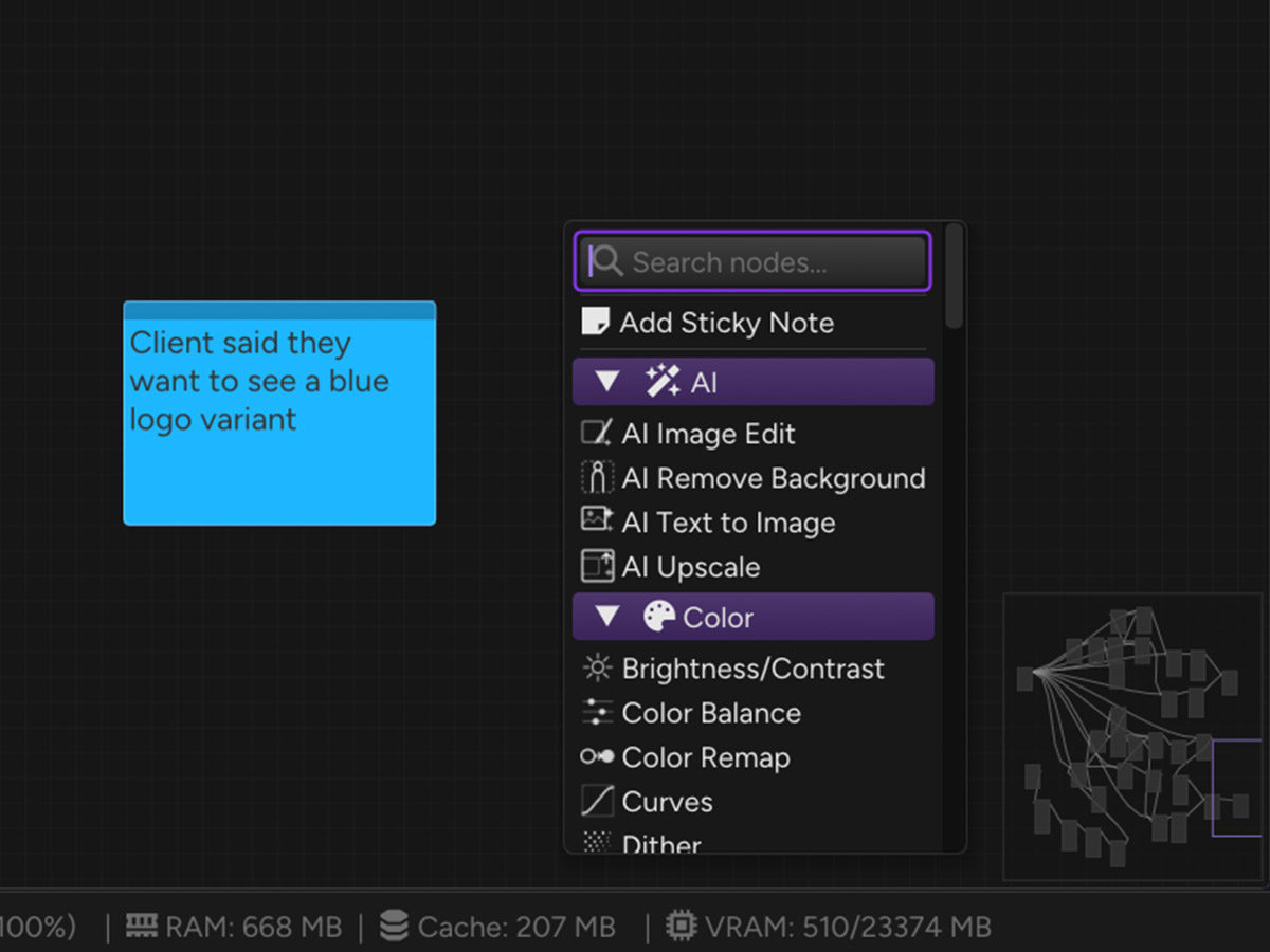 ArcBrush right-click Add Node menu with search field, categorized node list, a sticky note reading 'Client said they want to see a blue logo variant', and the minimap in the corner