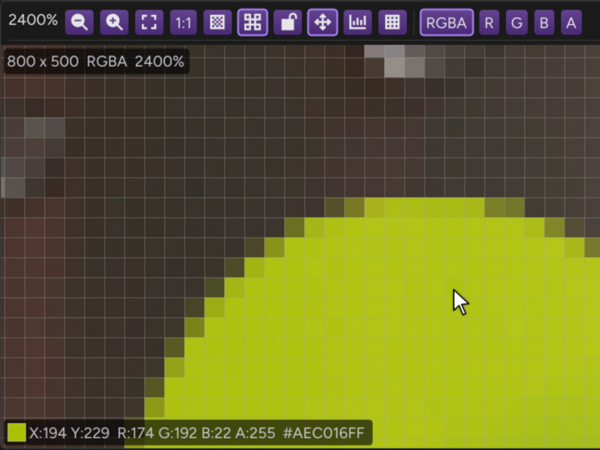 ArcBrush preview panel zoomed to 2400% showing individual pixels with grid lines, RGBA color readout, and toolbar with channel isolation buttons