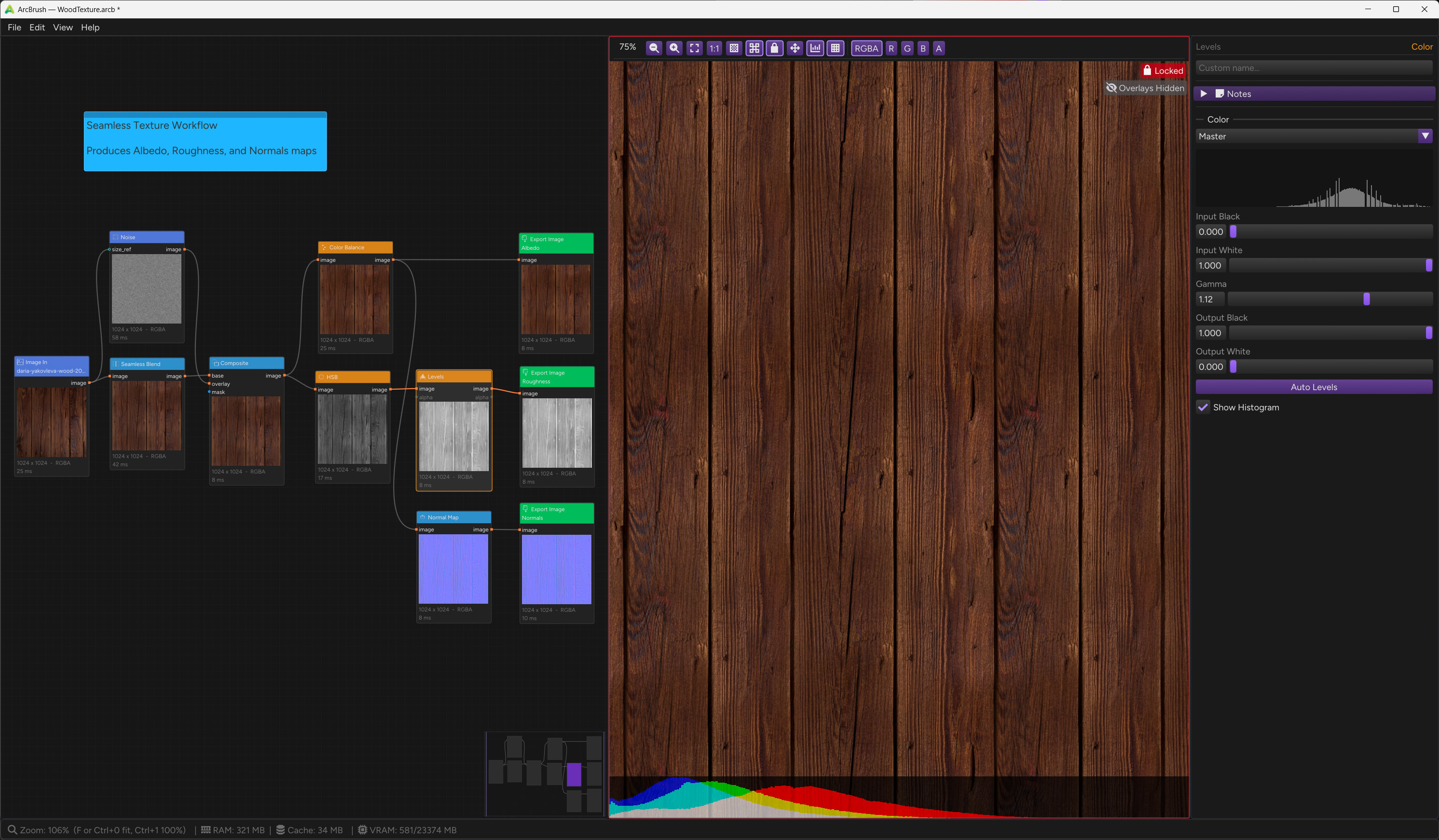 ArcBrush seamless texture workflow: Noise and Pattern generators feed into compositing and color adjustment nodes, producing a tileable wood plank texture with albedo, roughness, and normal map outputs