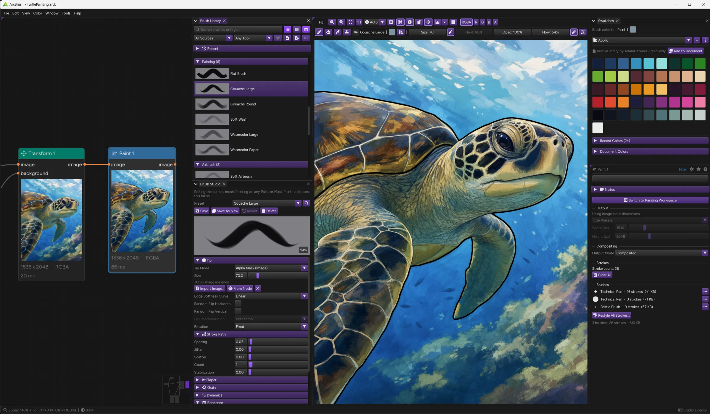 A sea turtle painted in ArcBrush, with the Brush Library open on the Gouache Large brush, the Brush Studio showing its tip and stroke-path settings, a swatch palette on the right, and a Transform node feeding a Paint node in the graph behind