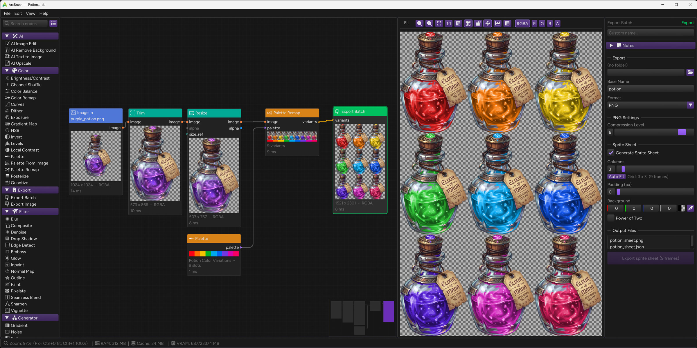ArcBrush palette variant pipeline: a potion bottle source asset flows through Palette Remap to produce 12 color variants (red, orange, yellow, green, blue, purple, pink, and more) displayed in a sprite sheet grid in the preview panel
