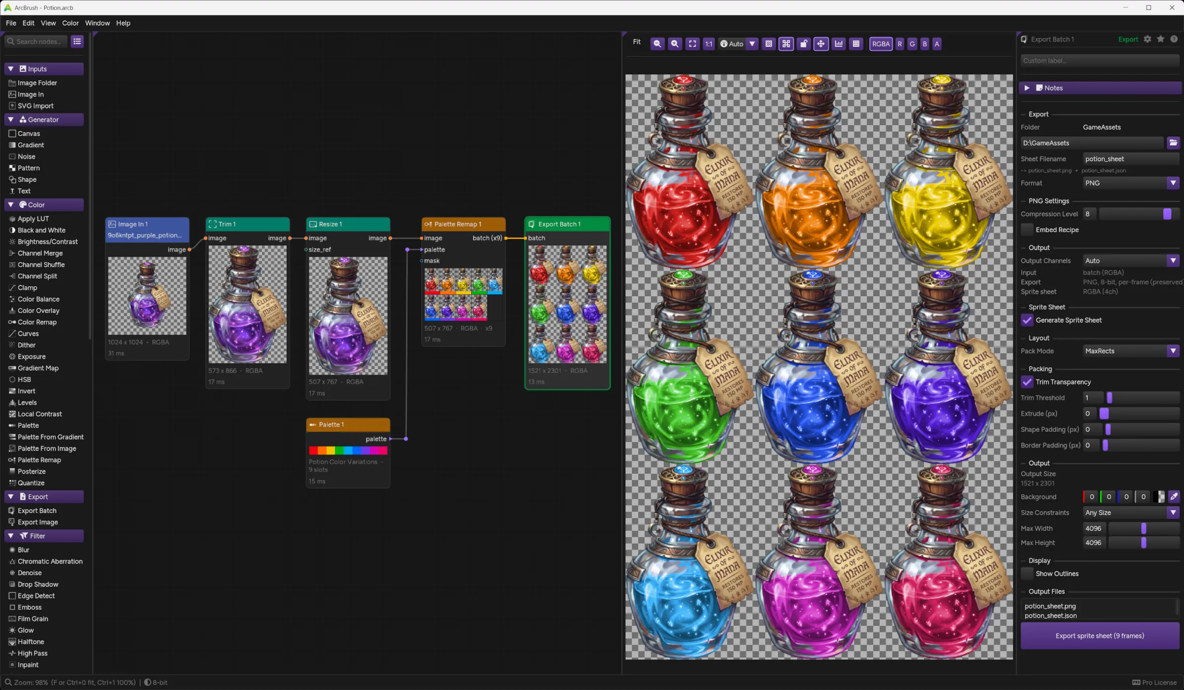 A potion bottle source asset flows through Palette Remap into Export Batch, producing nine color variants (red, orange, yellow, green, blue, purple, magenta, pink, sky blue) shown as a sprite-sheet grid on a transparency checkerboard