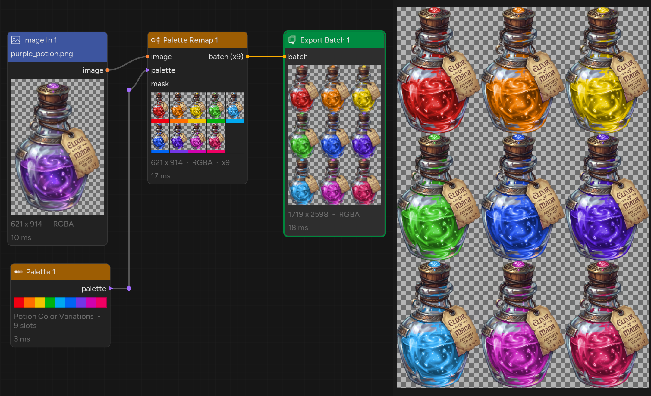 The potion palette-variant graph in ArcBrush: an Image In node loading purple_potion.png feeds a Palette Remap node; a Palette node of nine named color slots feeds its palette input; and Palette Remap outputs a batch of nine recolored potions on a single Batch pin into an Export Batch node. The viewer shows all nine variants — red, orange, yellow, green, blue, purple, cyan, magenta, and pink.