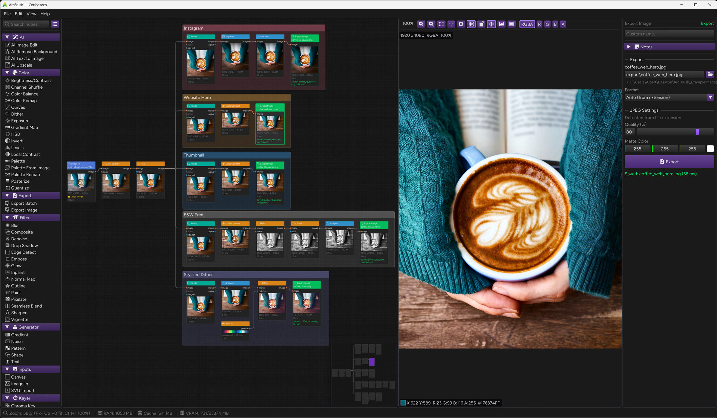 ArcBrush editor with a large graph producing multiple outputs from a coffee shop photograph: Instagram, website hero, stylized, and batch print versions, each with different color grading and sizing