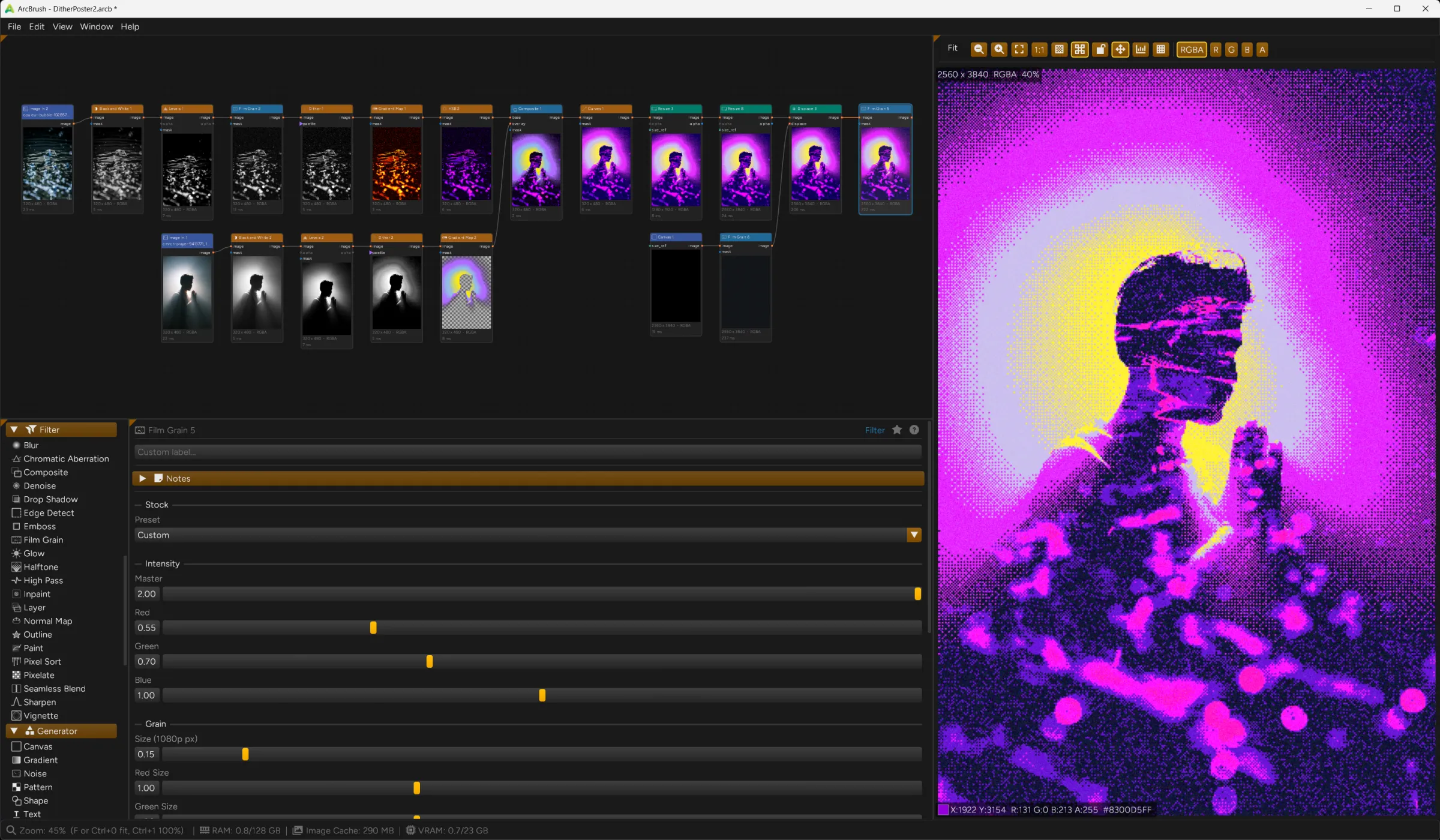 An ArcBrush graph producing multiple outputs from one coffee-shop photograph: Instagram, website hero, stylized, and batch-print versions, each with different color grading and sizing